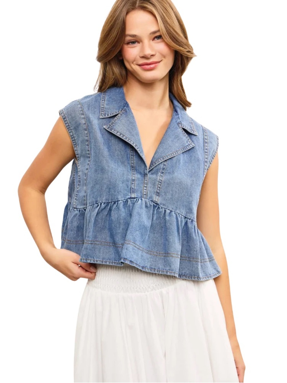 Boutique Sleeveless Babydoll Blue Denim Peplum Top Small